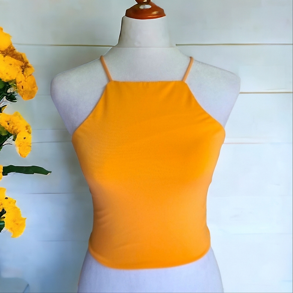 Forever 21 Golden Yellow Cropped Halter Top Size Small